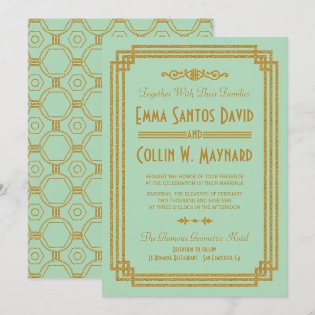 Einfache Art Deco Mint Wedding Einladungen (Vorne/Hinten)