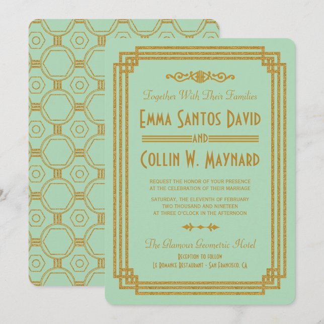 Einfache Art Deco Mint Wedding Einladungen (Vorne/Hinten)
