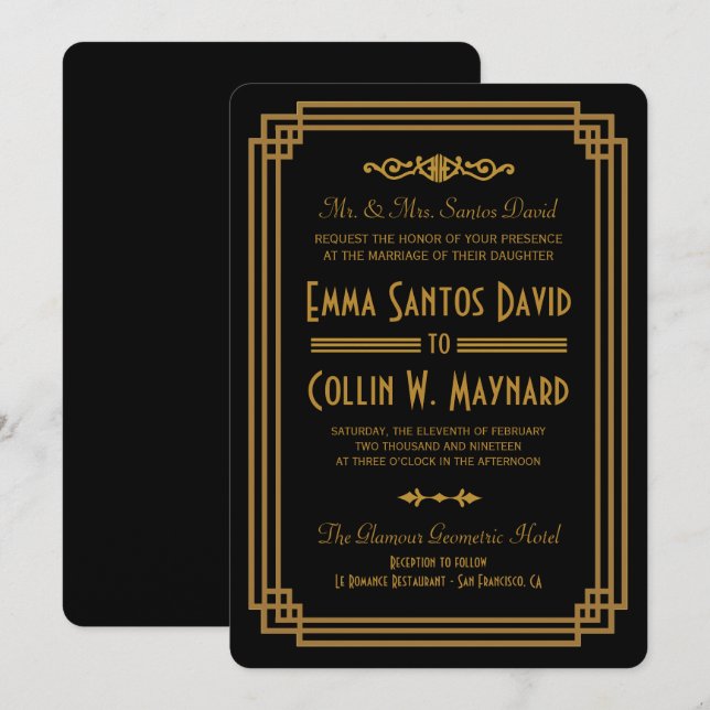 Einfache Art Deco Schwarze Hochzeiten Einladungen (Vorne/Hinten)