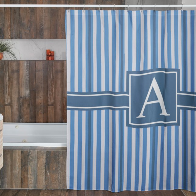 Einfache Asst-Größen Monogramm Blau und Weiß Strei Duschvorhang (Von Creator hochgeladen)