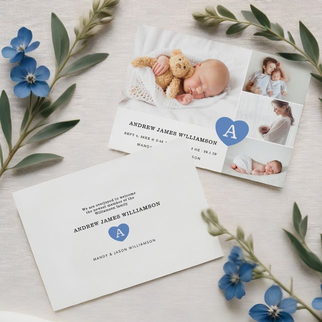 Einfache Baby Boy Foto Collage Blue Monogram Herz Ankündigung (Simple Baby Boy Photo Collage Blue Monogram Heart Announcement)