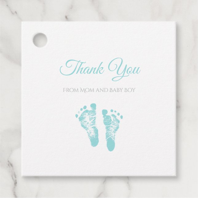Einfache Baby-Dusche Danke Blue Footprints Geschenkanhänger (Vorderseite)