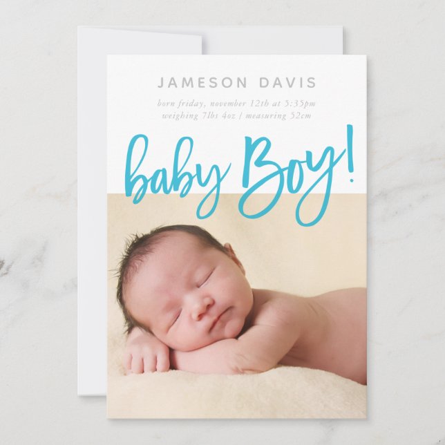 EINFACHE BABY FOTO Moderne Junge-Aqua-Schrift Ankündigung (Vorderseite)