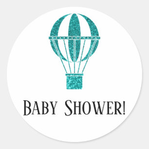 Einfache Baby Shower Türkis Glitter Heißluftballon Runder Aufkleber