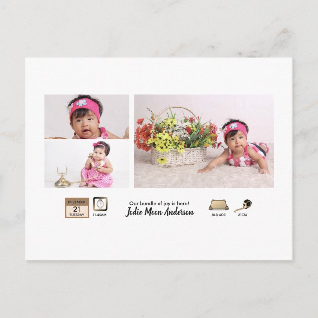 Einfache BABY STATS Ankündigung von Foto Collage Postkarte (Vorderseite)