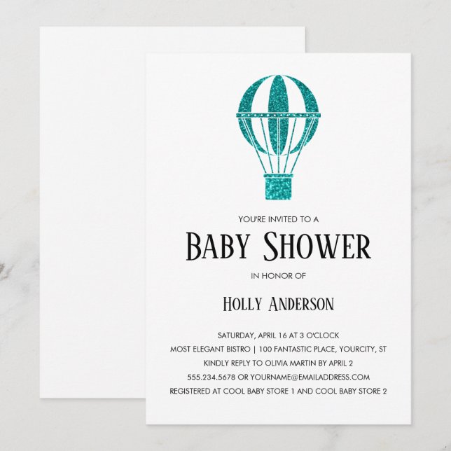 Einfache Babydusche Aquamariner Glitzer Heißluftba Einladung (Vorne/Hinten)
