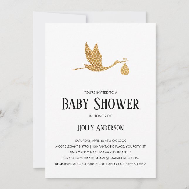 Einfache Babyparty-adretter Goldstorch mit Bündel Einladung (Vorderseite)