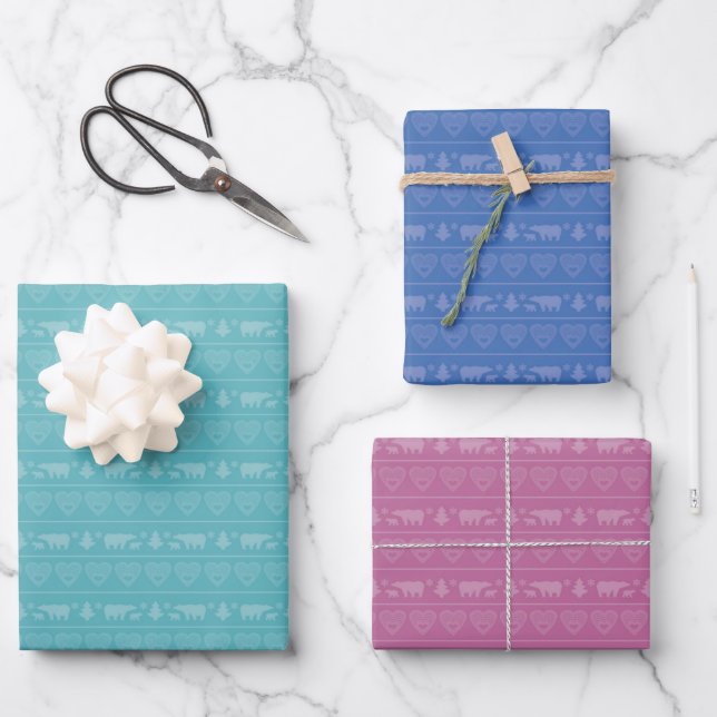 Einfache Bärenformen mit Bäumen und Herzensurlaub Geschenkpapier Set (Vorderseite)