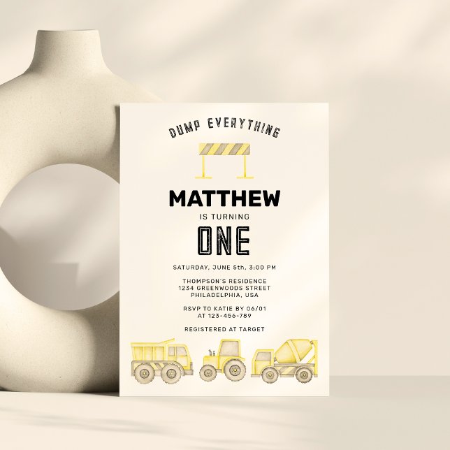Einfache Baufahrzeuge zum ersten Geburtstag Einladung (Von Creator hochgeladen)