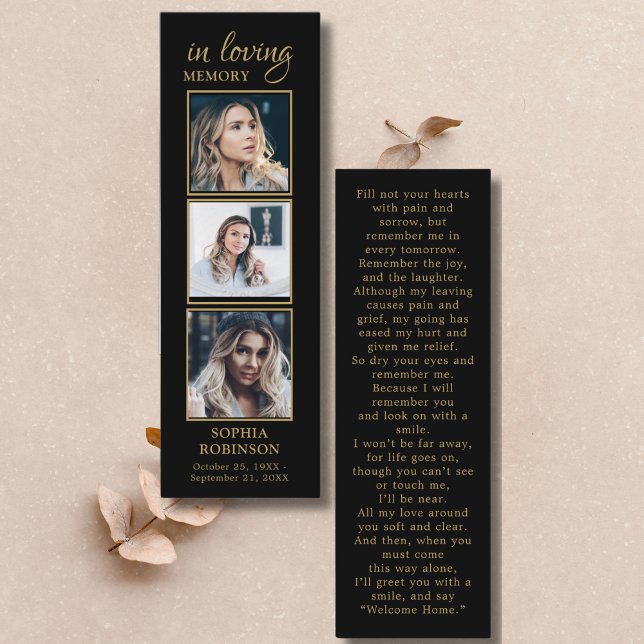 Einfache Beerdigung 3 Foto Gold Black Prayer Card Mini Visitenkarte (Von Creator hochgeladen)