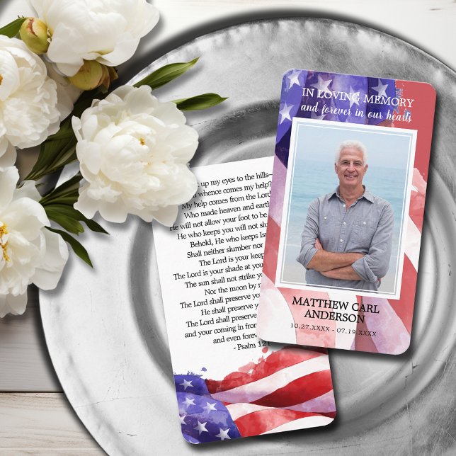 Einfache Beerdigung-Gedenkkarte Foto US-Flaggenkar Visitenkarte (United States flag funeral photo memorial prayer cards with a bible verse on the back)
