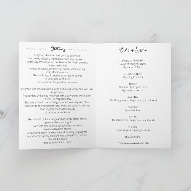 Einfache Beerdigungsreihenfolge Programm (Innenseite)