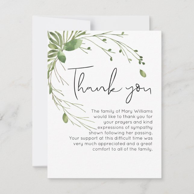 Einfache Begräbnisgrün Danke Note Card (Vorderseite)