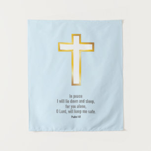 Einfache Bibel-Verse aus Gold Cross auf hellblauem Wandteppich