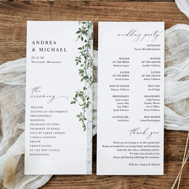 Einfache Birkenbaum-Grünpflanzen-Hochzeit Programm (Birch or aspen tree wedding programs - outdoor greenery wedding.)