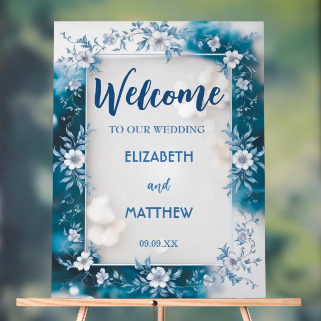 Einfache Biue & White Overlay Blume Hochzeit Acrylschild (Neutral)