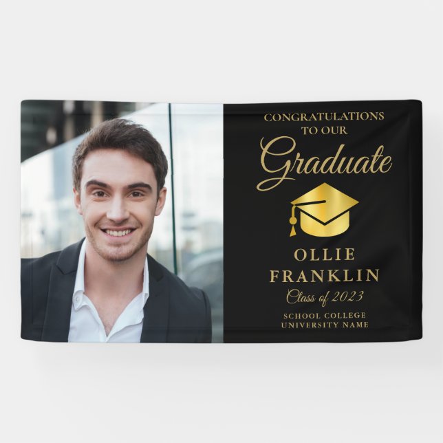 Einfache Black and Gold Foto Abschluss Banner (Horizontal)