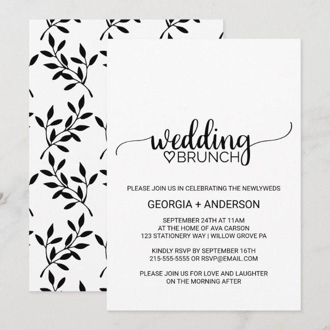 Einfache Black Calligraphy Wedding Brunch Einladung (Vorne/Hinten)