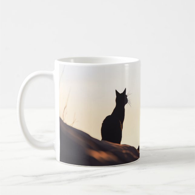 Einfache Black Cat Silhouette Sunset Sky Benutzerd Kaffeetasse (Links)