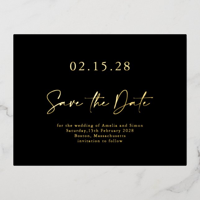 Einfache Black Gold Luxe Folie Save the Date Postk Folie Einladungspostkarte (Vorderseite)