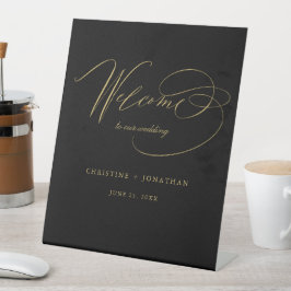 Einfache Black Gold Moderne SkriptWedding Willkomm Sockelschild
