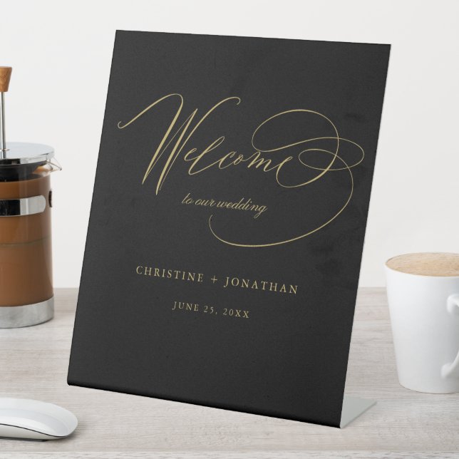 Einfache Black Gold Moderne SkriptWedding Willkomm Sockelschild (In Situ)