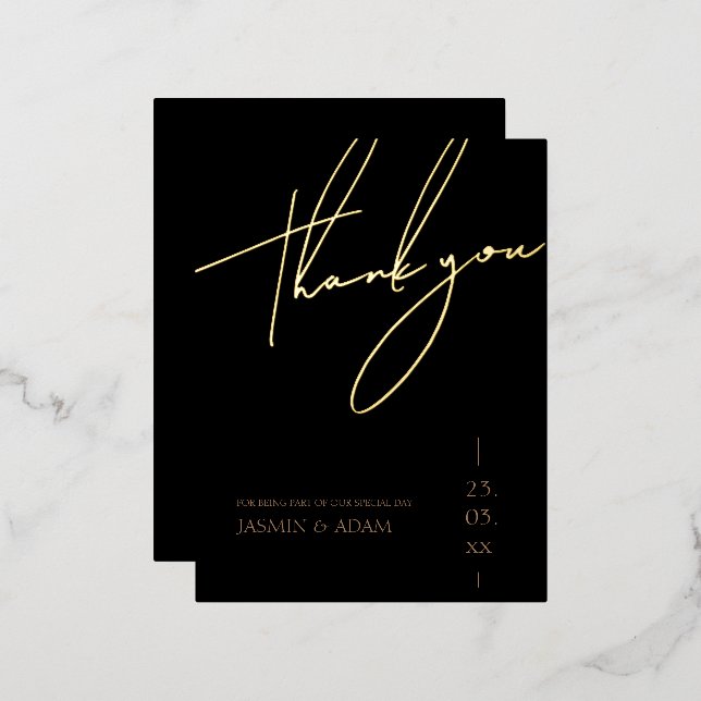 Einfache Black Gold Script Hochzeit Danke Gold Folie Einladungspostkarte (Vorderseite/Rückseite)