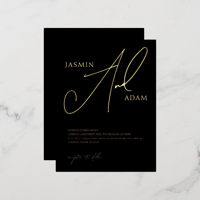 Einfache Black Gold Script-Hochzeit Folie Einladungspostkarte (Vorderseite/Rückseite)