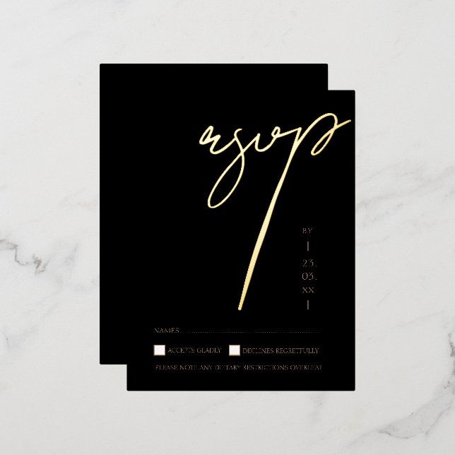 Einfache Black Gold Script Hochzeit RSVP Gold Folie Einladungspostkarte (Vorderseite/Rückseite)