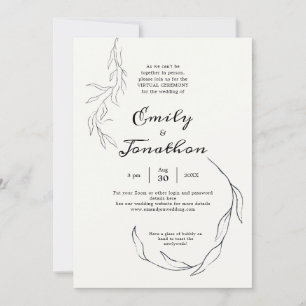 Einfache Black Leaf Script Virtual Wedding Einladung
