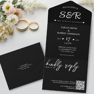 Einfache Black QR Code Hochzeit All In One Einladung