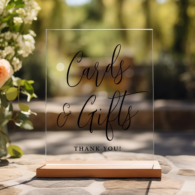 Einfache Black Script-Hochzeitskarten und Geschenk Acrylschild (Please note: The wooden stand does not come with the sign. Zazzle sells a wood block stand.)