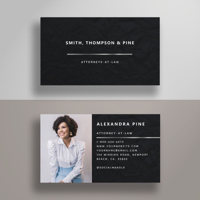 Einfache Black Silver Line Corporate Foto Business Visitenkarte (lawyer business card law legal services paralegal elegant photo black silver line simple modern boss)