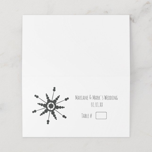 Einfache Black Snowflake Hochzeit-Tischnummer Platzkarte (Außenseite Aufgefaltet)