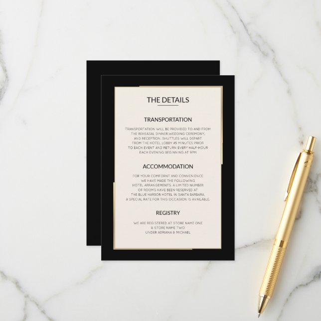 Einfache Black Wedding Details Umschließungskarte Begleitkarte (Vorderseite/Rückseite Beispiel)
