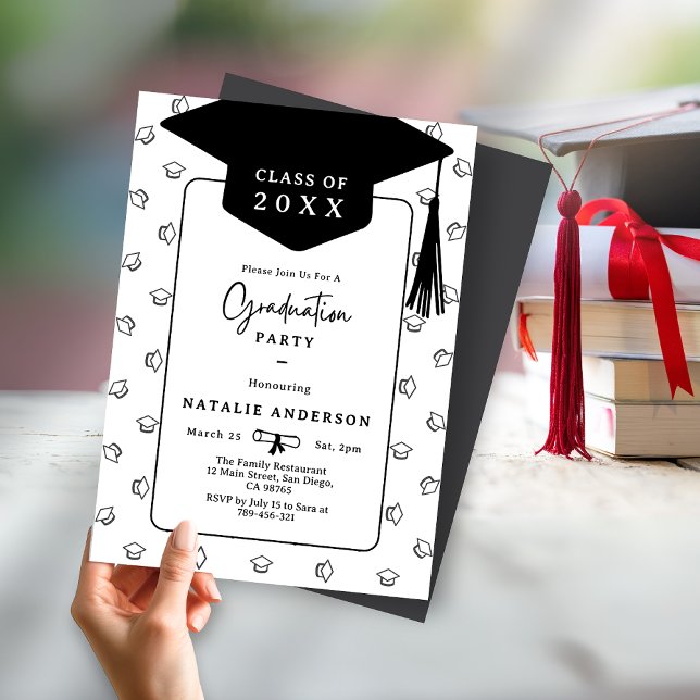 Einfache Black & White Graduate Hat Graduate Party Einladung (Classy Burgundy Gold Graduate Hat Graduation Party Invitation )