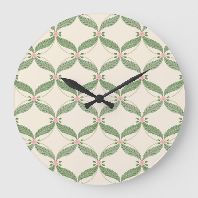 Einfache Blätter Blume Grid-Muster Große Wanduhr (Vorderseite)