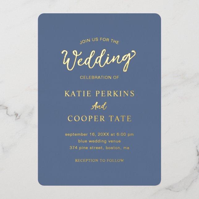 Einfache, blaue, fette Schriftart Moderne Hochzeit Folieneinladung (Vorderseite)