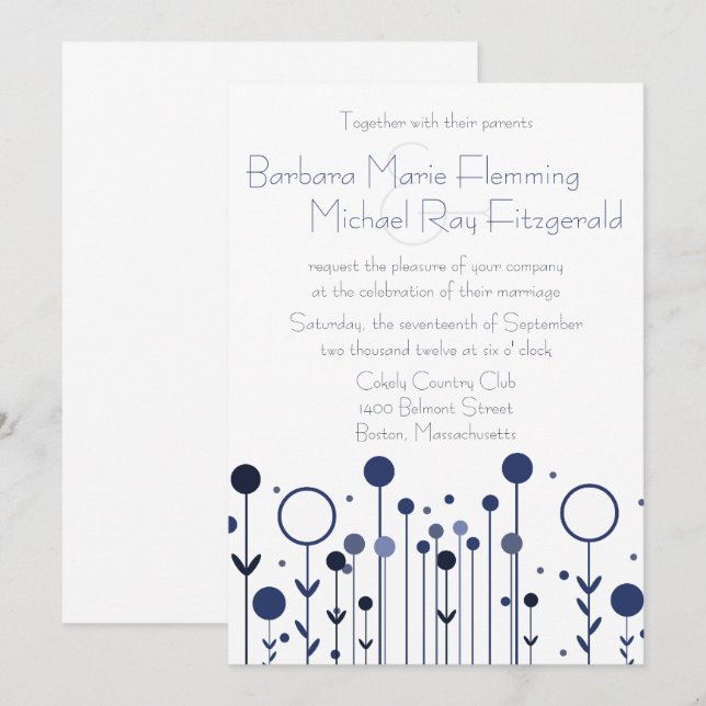 Einfache blaue Flora Dot Moderne Hochzeit Einladung (Vorne/Hinten)