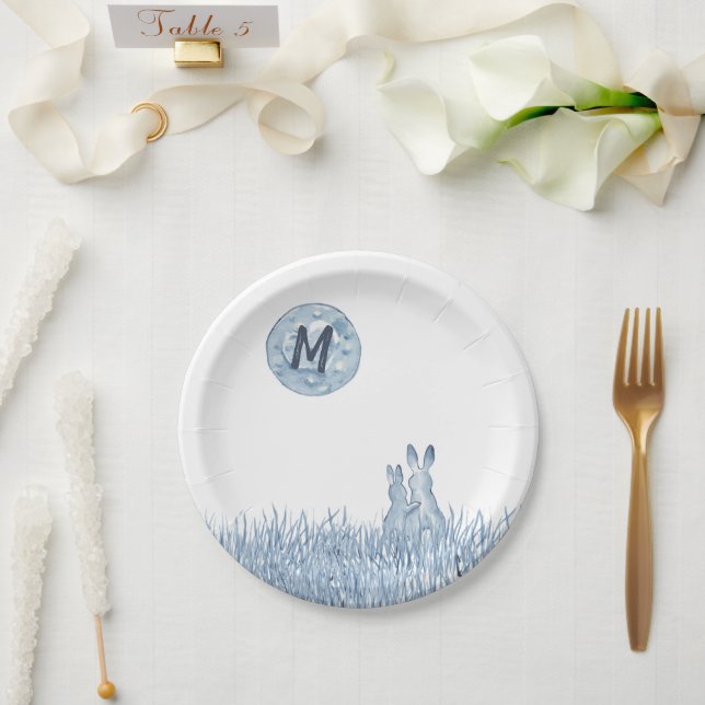 Einfache blaue Kaninchen, Mondmonogramm Custom, Li Pappteller (Hochzeit)