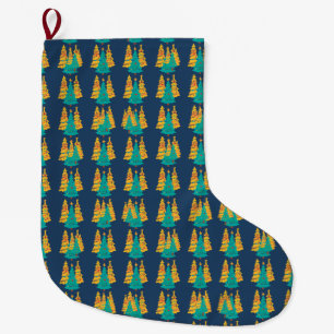 Einfache blaue Retro-Weihnachtskiefer Muster Großer Weihnachtsstrumpf