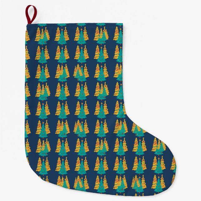 Einfache blaue Retro-Weihnachtskiefer Muster Großer Weihnachtsstrumpf (Vorderseite)