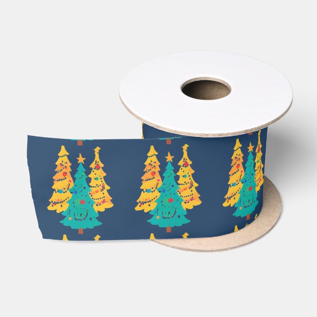 Einfache blaue Retro-Weihnachtskiefer Muster Satinband (Spule)