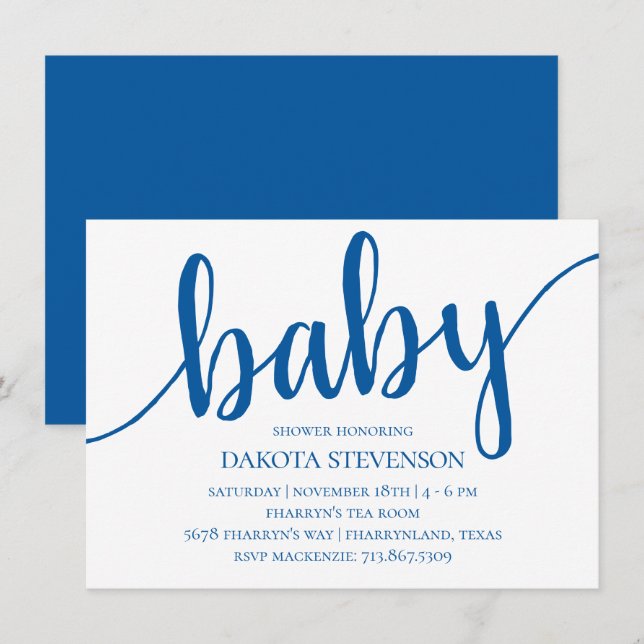 Einfache blaue Schrift | Cerulean Blüh Baby Dusche Einladung (Vorne/Hinten)