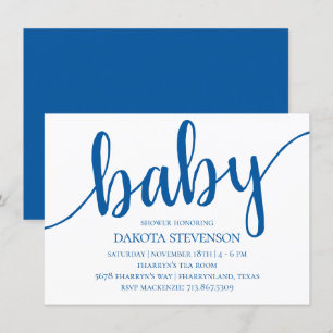 Einfache blaue Schrift Cerulean Blüh Baby Dusche Einladung