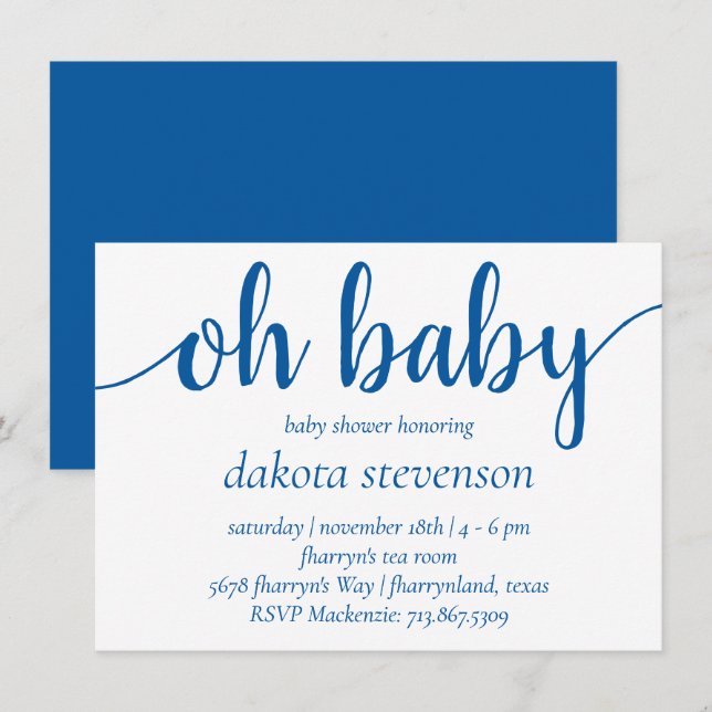 Einfache blaue Schrift | Cerulean Oh Baby Dusche Einladung (Vorne/Hinten)