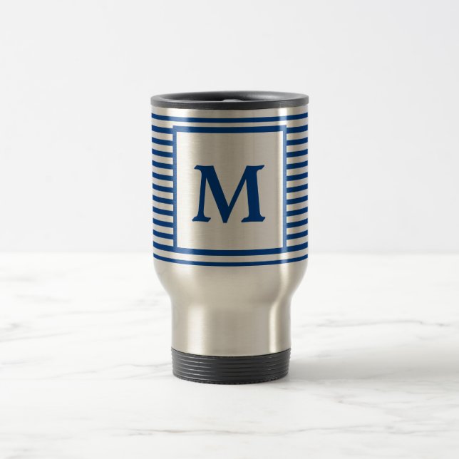 Einfache blaue Streifen und Monogramm Reisebecher (Mittel)