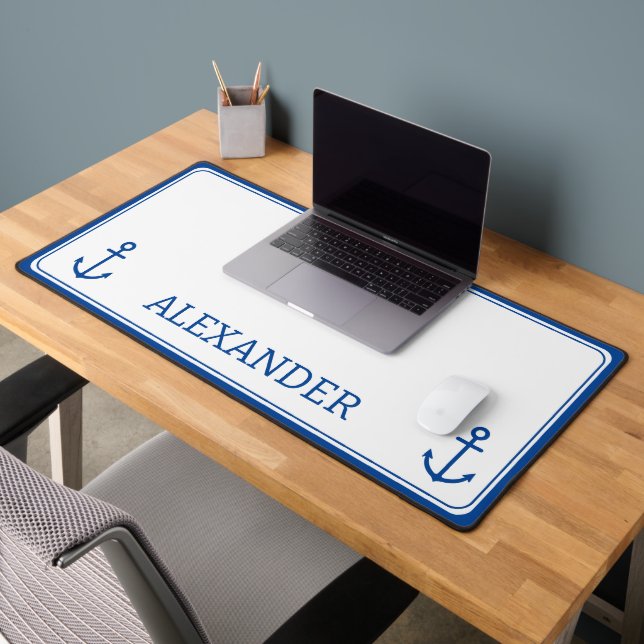 Einfache blaue und weiße Ankermonogramm Schreibtischunterlage (Büro 2)