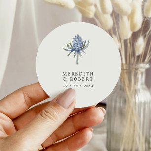 Einfache blaue Wasserfarben-Distel-Hochzeit Runder Aufkleber