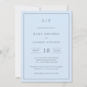 Einfache Blue and Gray Monogram Boy Baby Dusche Einladung